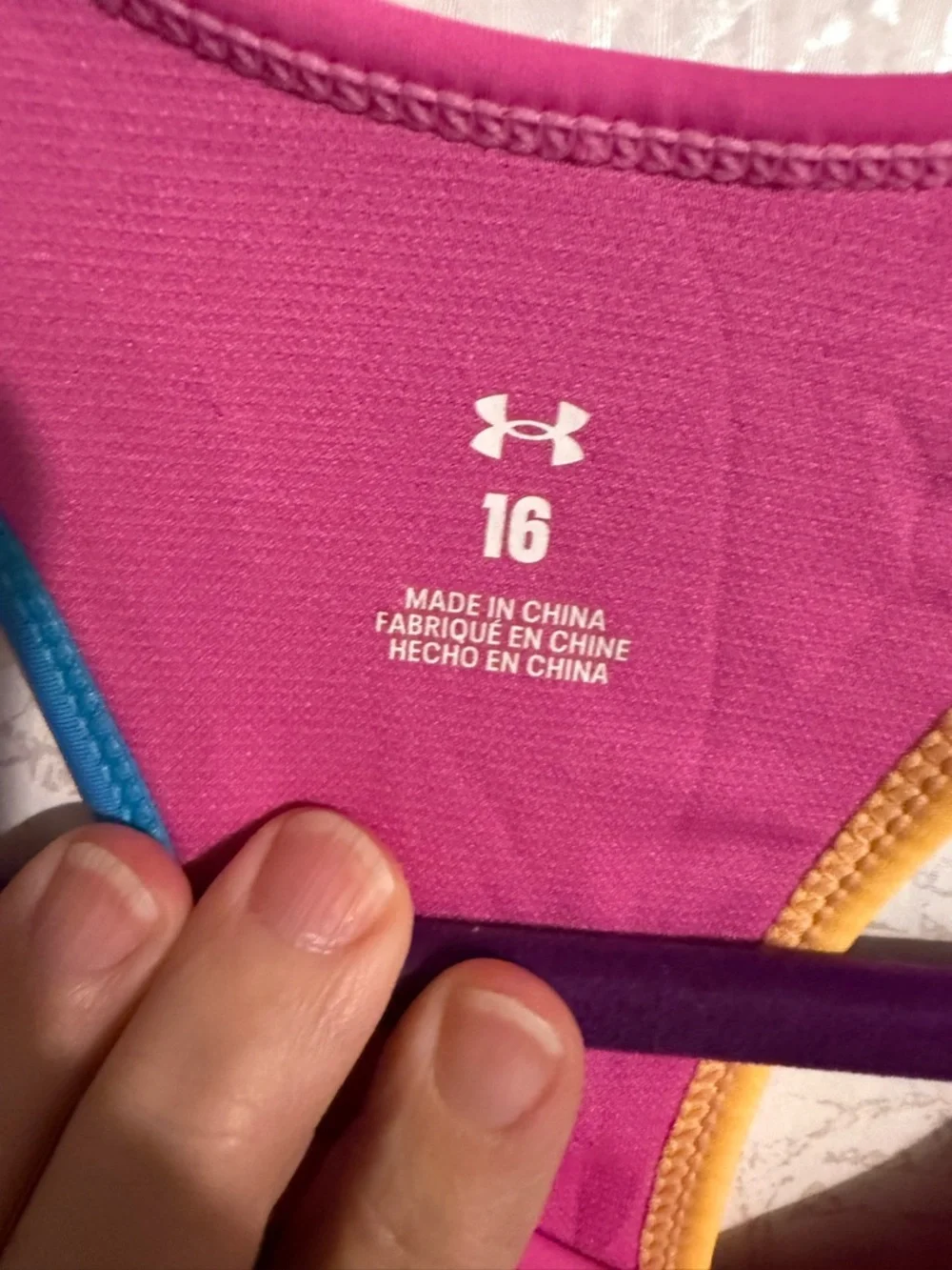 Under Armour Pink Sports Bra with Blue and Yellow Trim, Gym, Play, Swimming 16